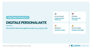 Infografik digitale Personalakte 2027: Entgeltunterlagen ab 2027 elektronisch Pflicht, Befreiung nur bis 31.12.2026, übrige Personalakte freiwillig, Kündigung nur auf Papier
